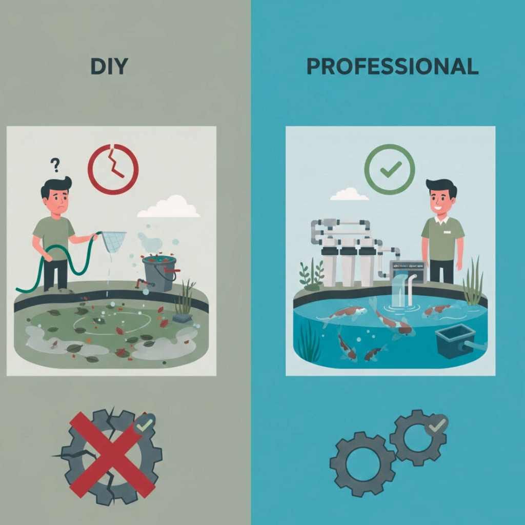 Side by side visual comparison of DIY pond care and professional maintenance responsibilities