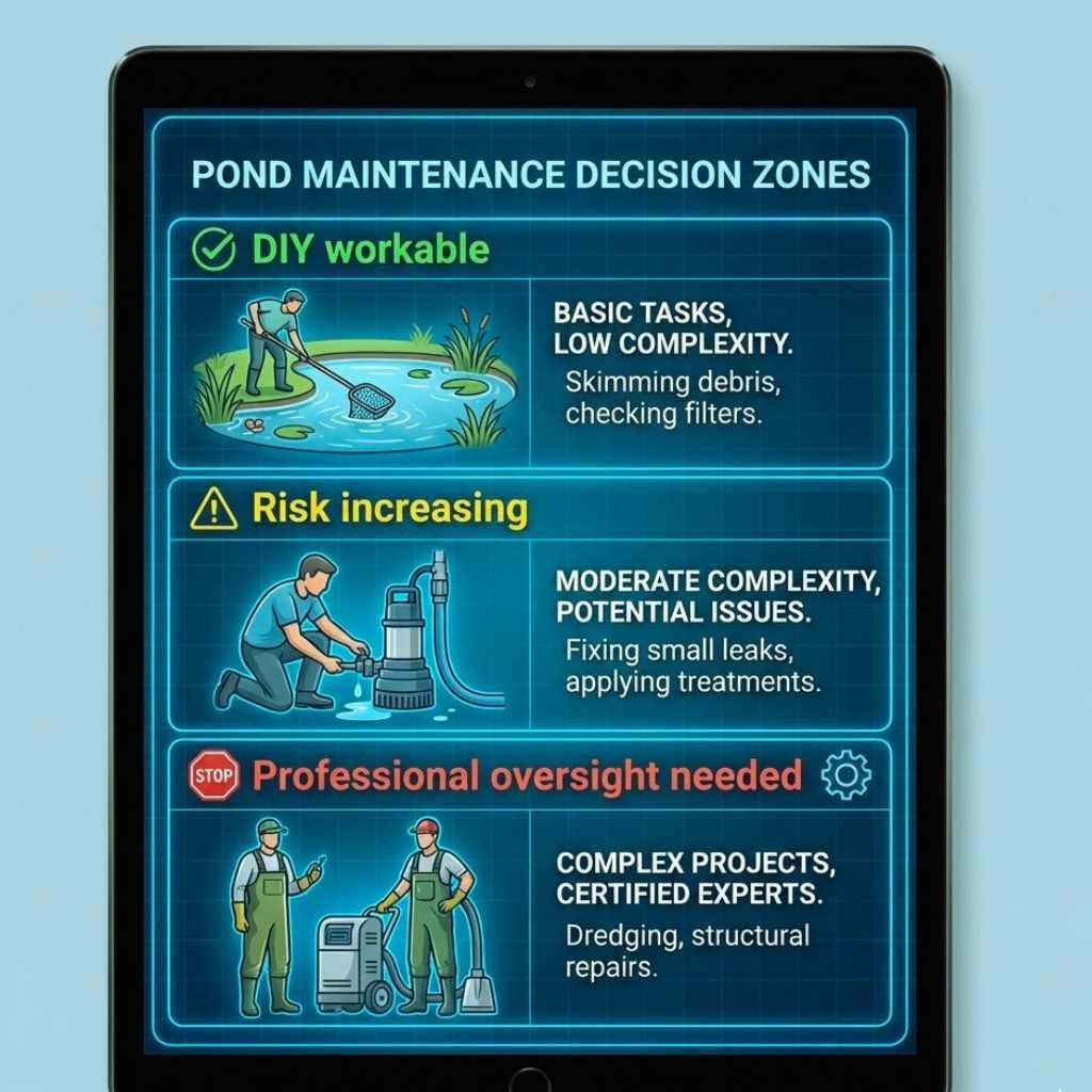 Visual framework showing when a pond is suitable for DIY care versus professional maintenance