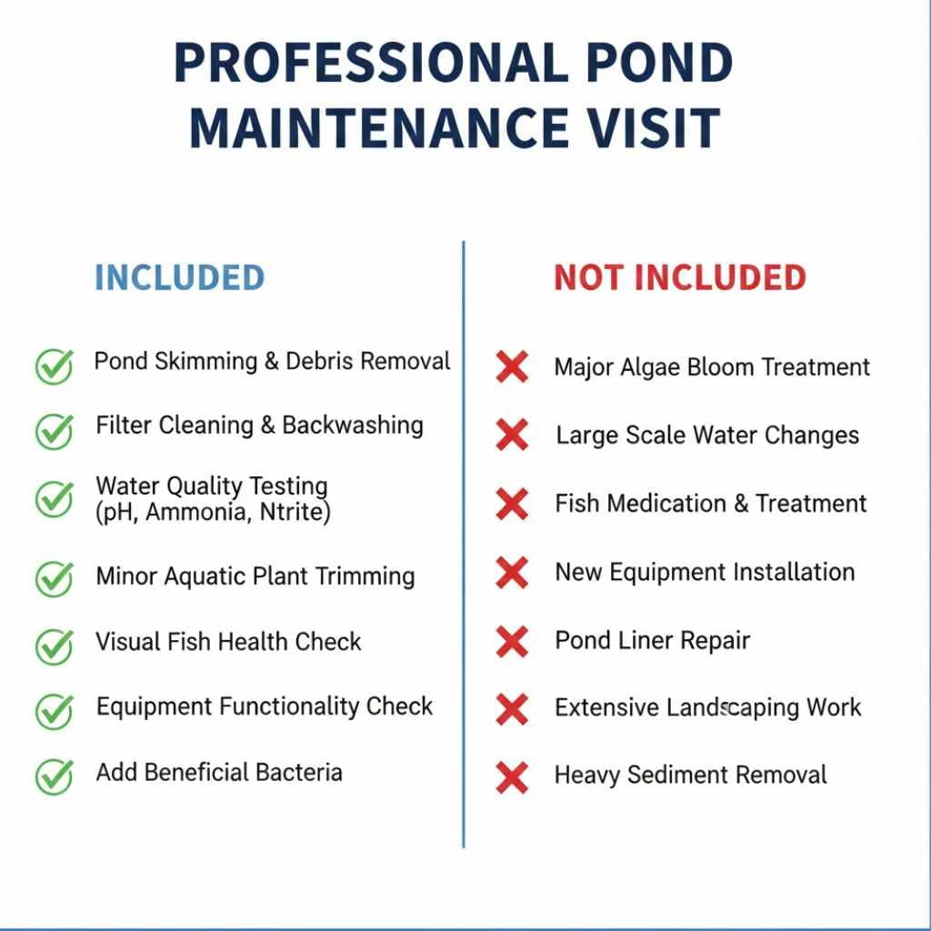 Included and not included list for a professional pond maintenance visit
