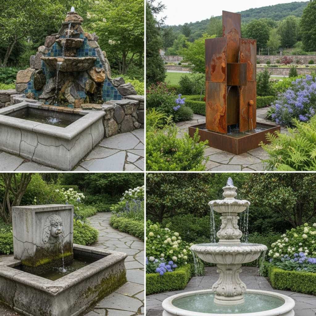 Different types of outdoor fountains including concrete, stone, metal, and tiered garden fountains in one setting