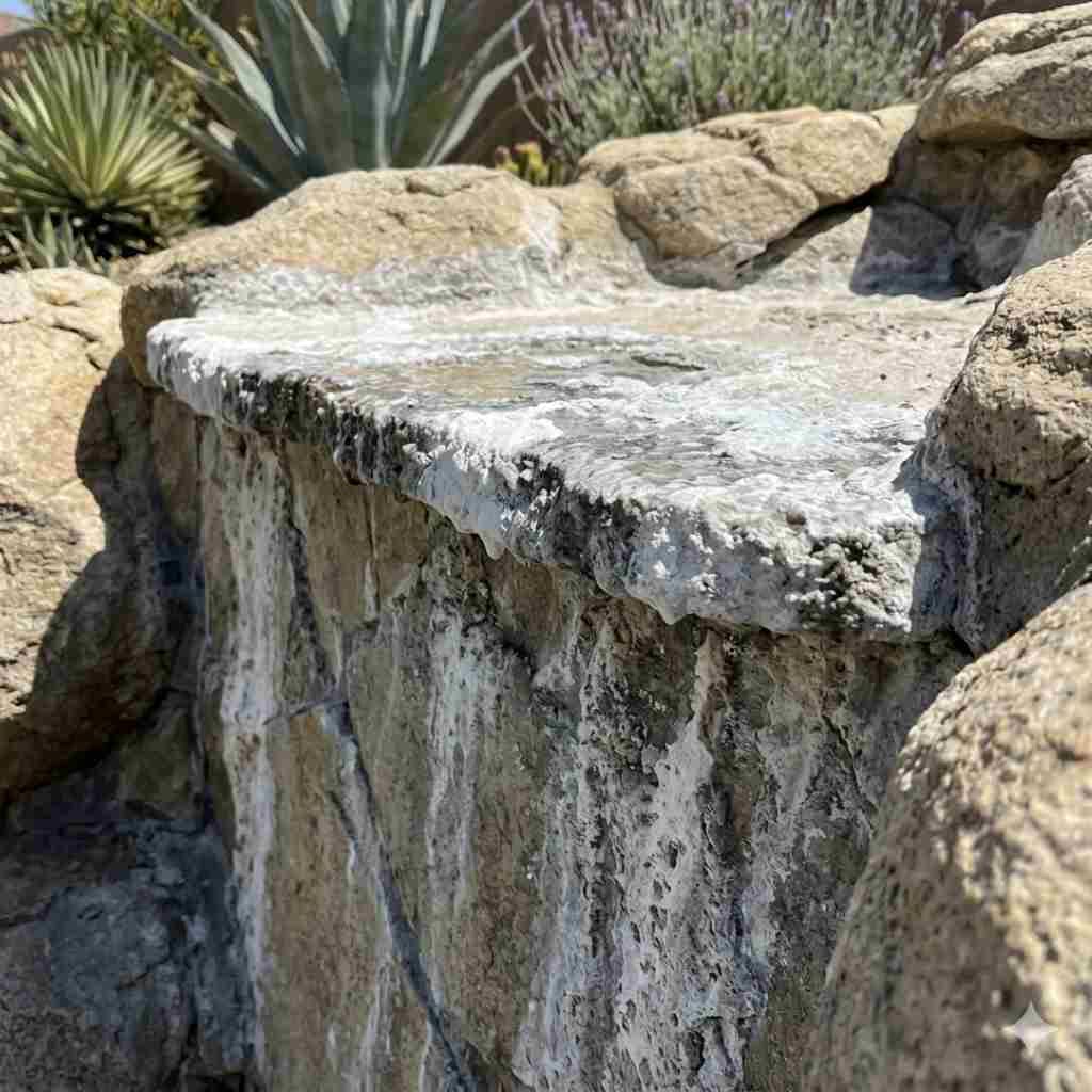 Calcium carbonate scaling on a stone waterfall spillway edge showing thick white mineral deposits along the lip and rock face