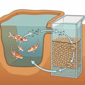 Cross-section diagram showing koi pond with fish producing ammonia, water flowing into biological filter chamber where bacteria convert ammonia to nitrite to nitrate.