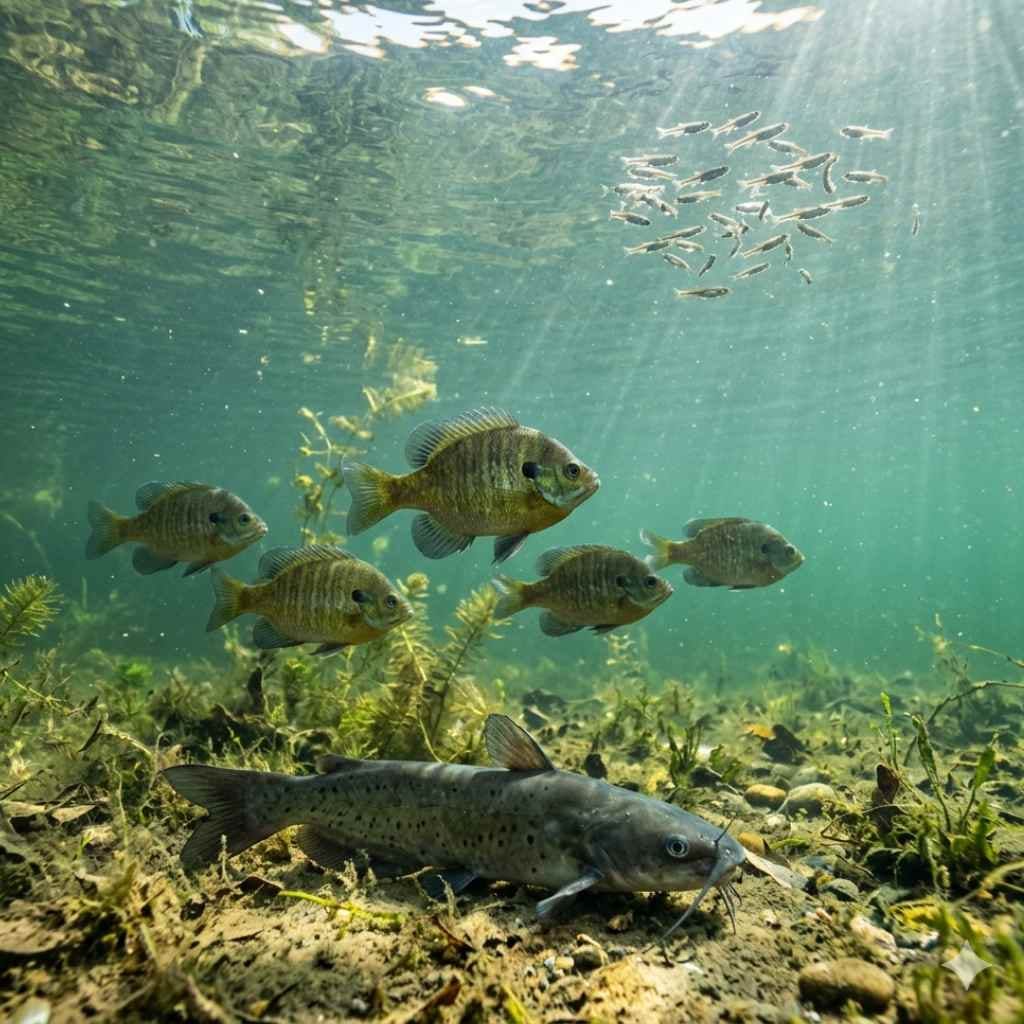 Underwater view of a Southern California managed lake showing bluegill, fathead minnows, and channel catfish distributed across different depths in clear water.