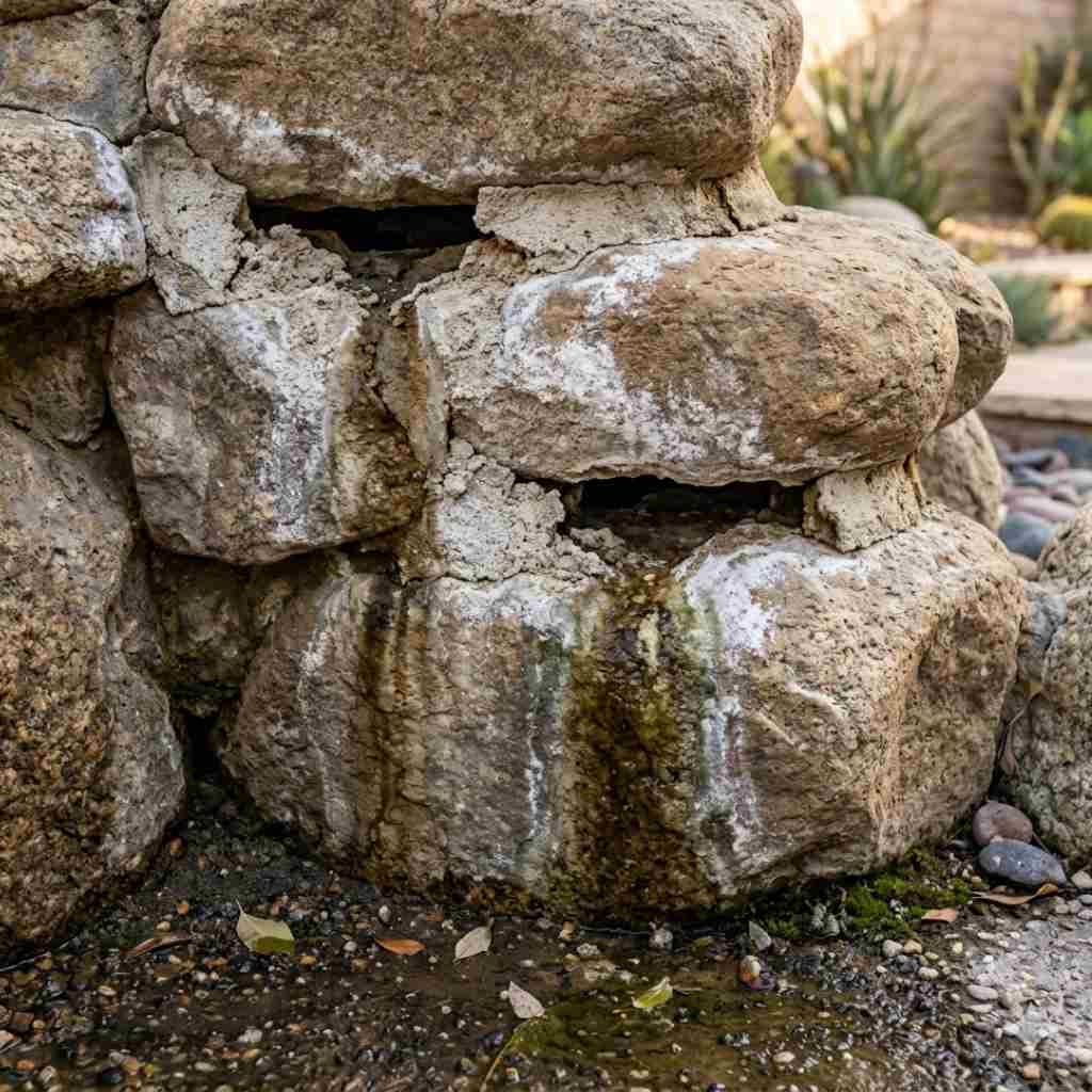 Crumbling mortar joints between natural boulders on a backyard waterfall showing gaps where water migrates behind the rock face