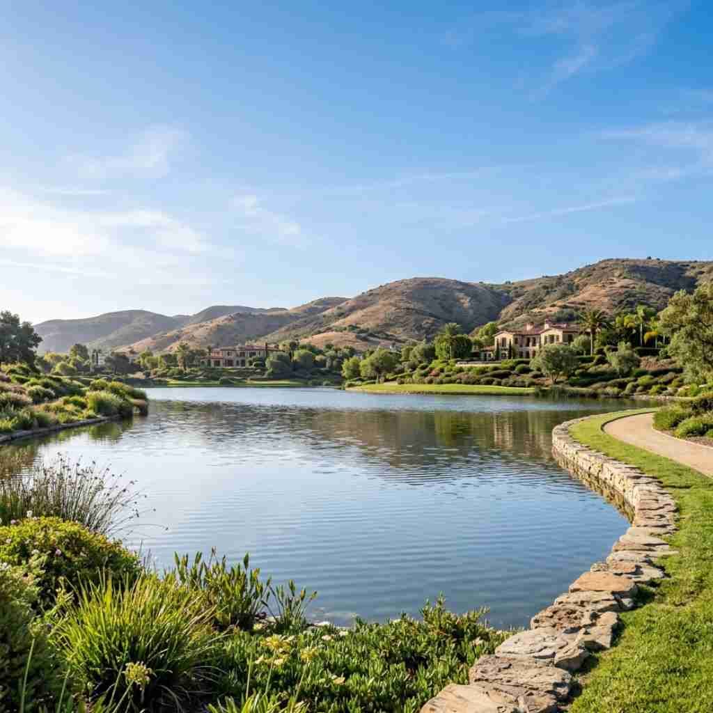 Wide view of a well-maintained managed lake on a Southern California HOA property with clean open water, native shoreline vegetation, and natural stone bank edging.