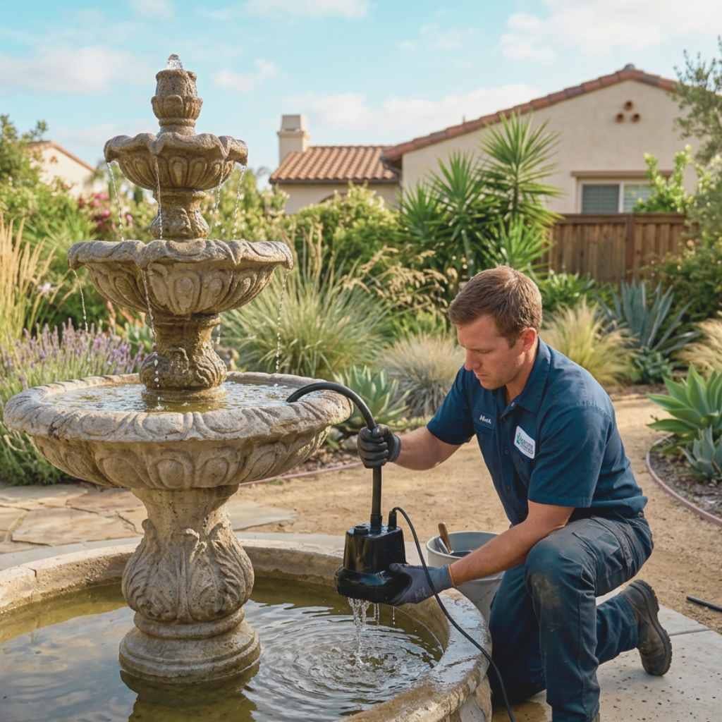 Alt text Technician removing a submersible pump from a cast stone fountain basin during a scheduled maintenance inspection