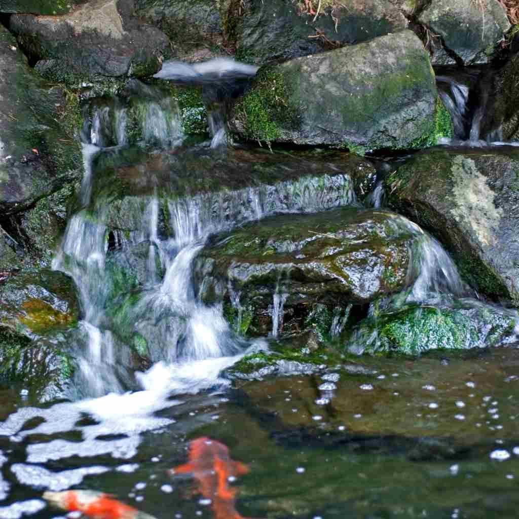 Southern California residential backyard showing a natural boulder koi pond waterfall in the foreground and a pool-integrated water feature in the background
