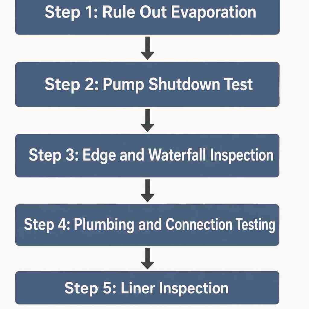 Five-step vertical process flow for pond leak detection: evaporation ruling, pump shutdown test, edge inspection, plumbing testing, and liner inspection