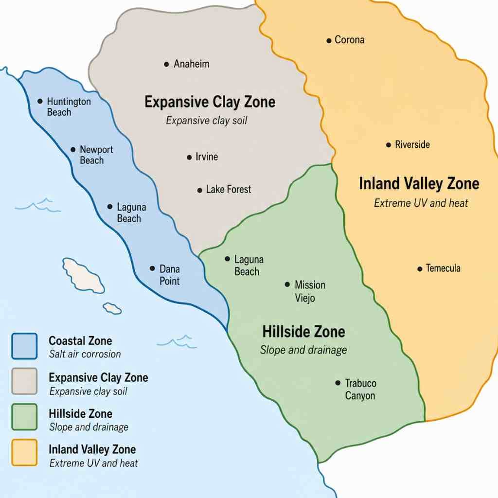 Schematic map of Southern California service area showing regional construction variable zones for soil type, UV exposure, heat, and salt air corrosion