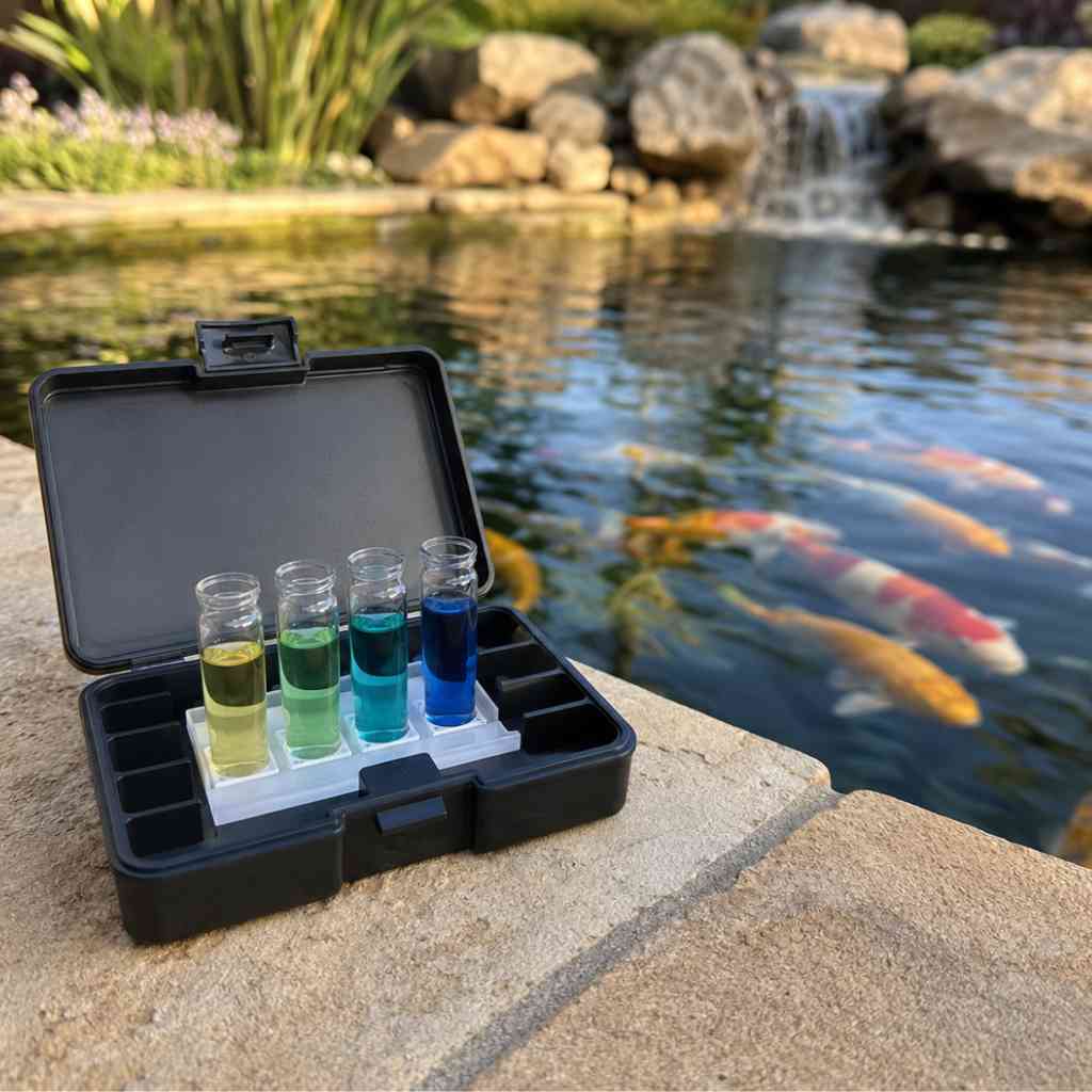 Liquid reagent test kit with colored water samples on flagstone edge of a residential koi pond with koi visible below the surface