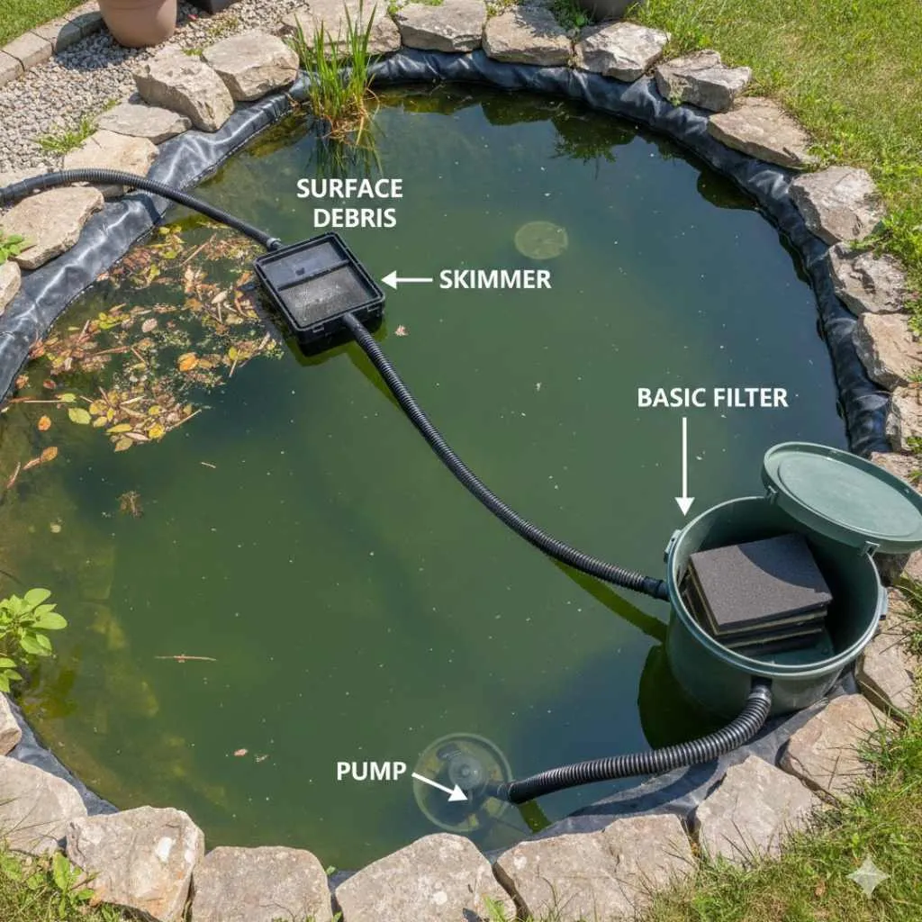 Diagram showing common DIY pond maintenance tasks such as skimmer cleaning and basic pump checks