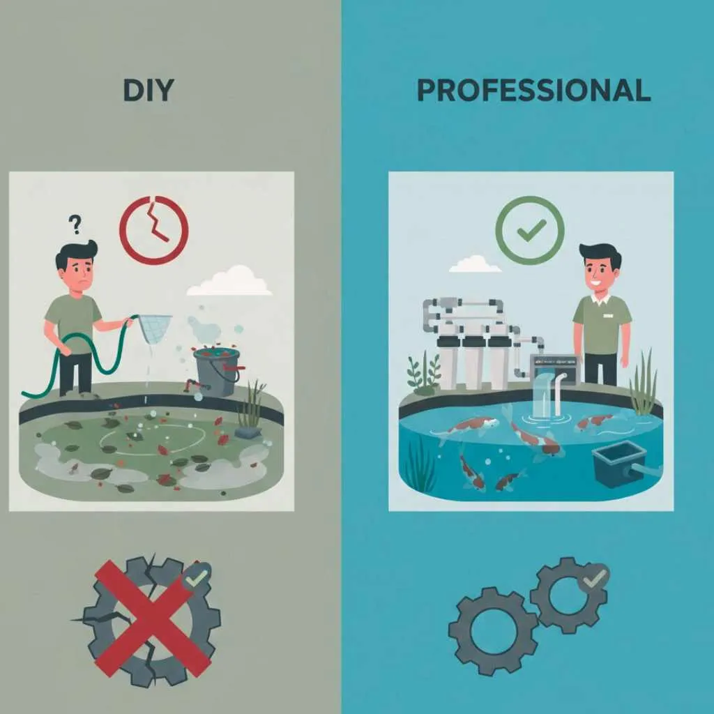 Side by side visual comparison of DIY pond care and professional maintenance responsibilities