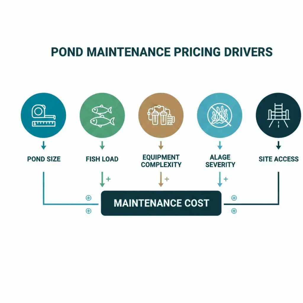 Graphic listing pond size, fish load, filtration complexity, algae severity, and access