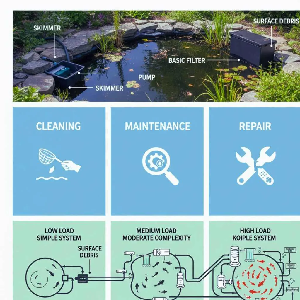 Diagram showing increasing pond system complexity based on fish load and filtration equipment