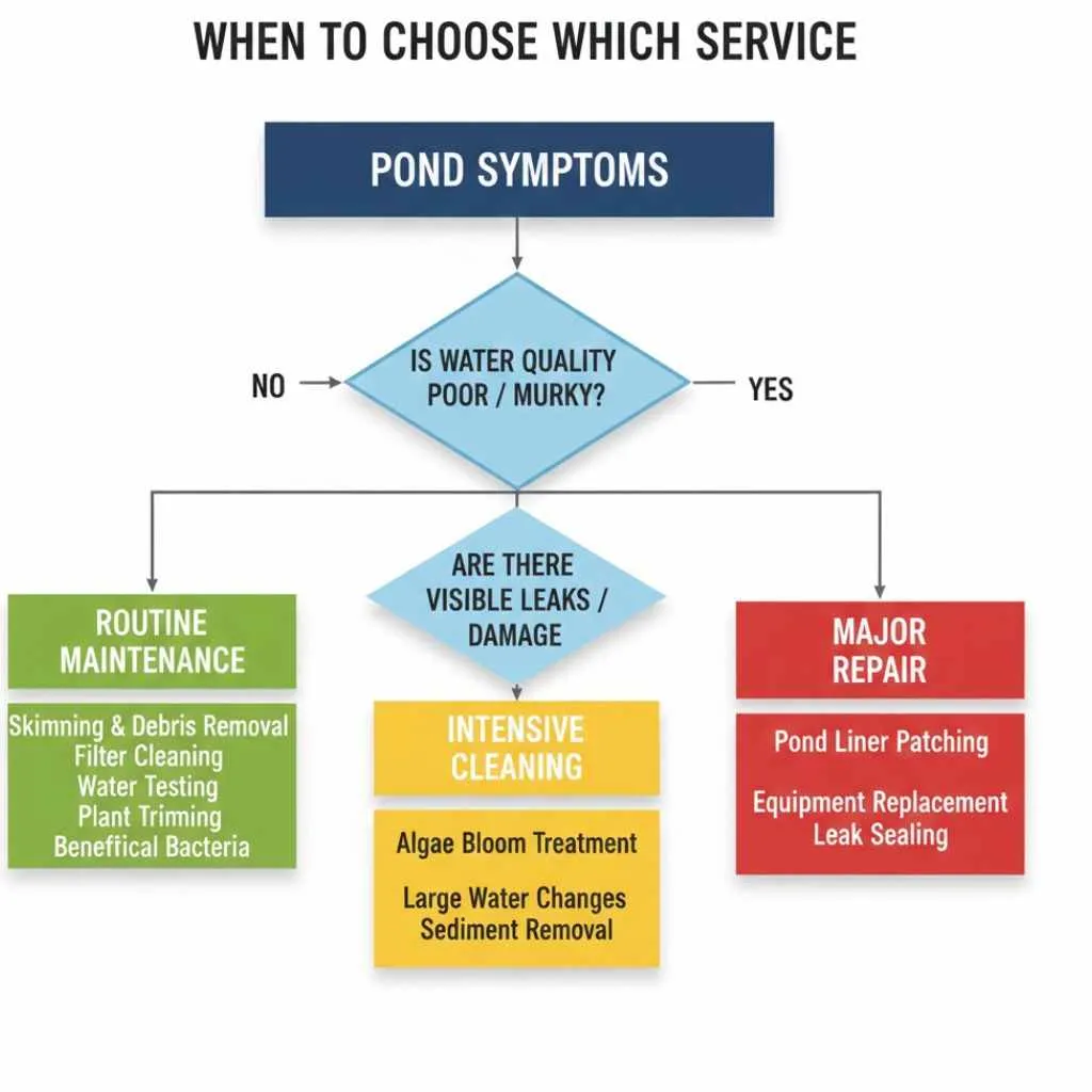 Decision tree matching pond symptoms to cleaning, maintenance, or repair