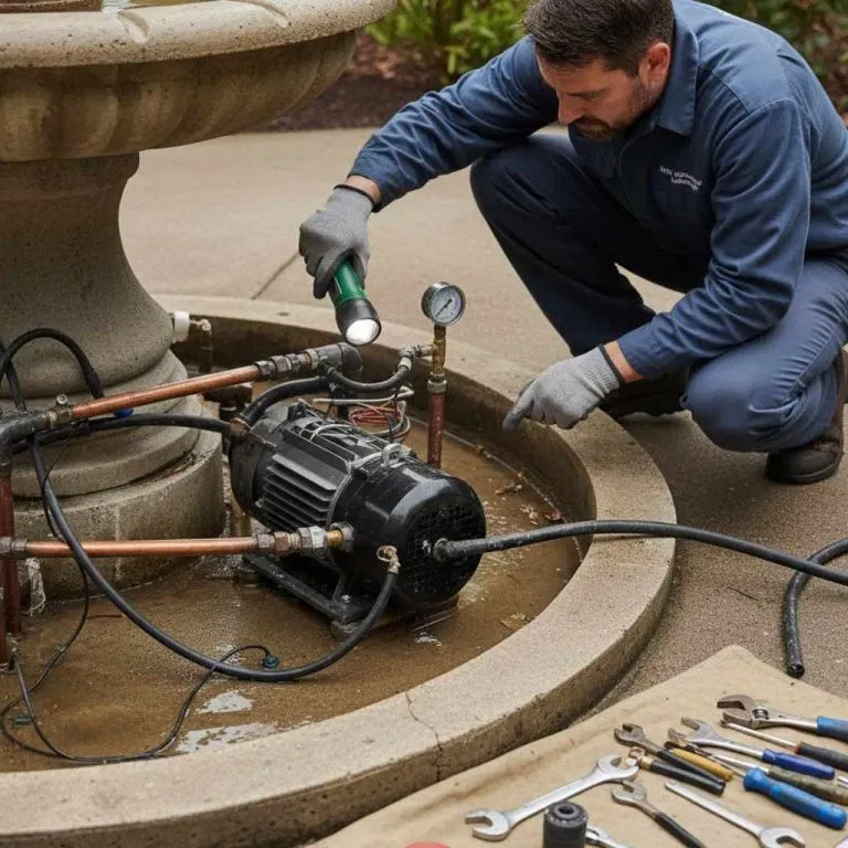 Fountain repair process showing inspection of pump, plumbing connections, and basin system