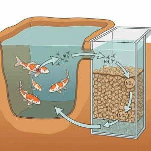 Cross-section diagram showing koi pond with fish producing ammonia, water flowing into biological filter chamber where bacteria convert ammonia to nitrite to nitrate.