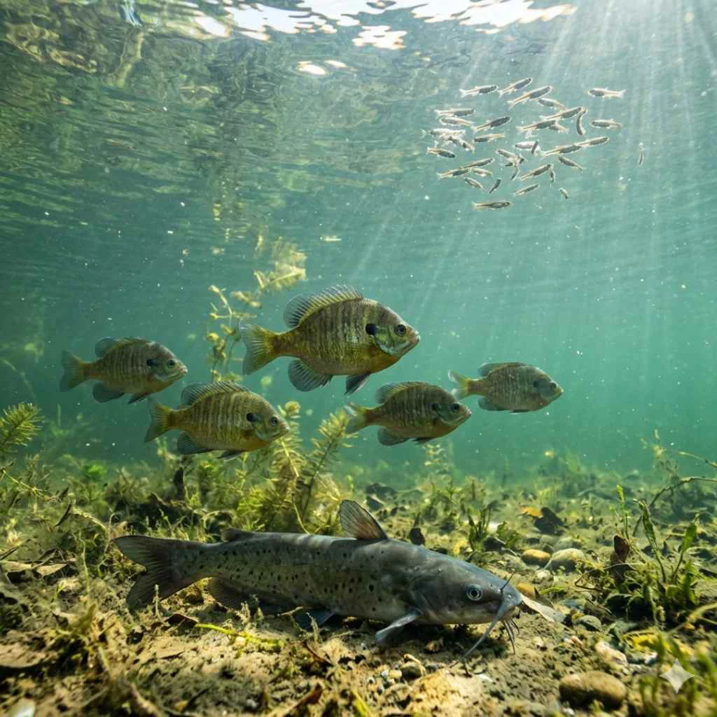 Underwater view of a Southern California managed lake showing bluegill, fathead minnows, and channel catfish distributed across different depths in clear water.
