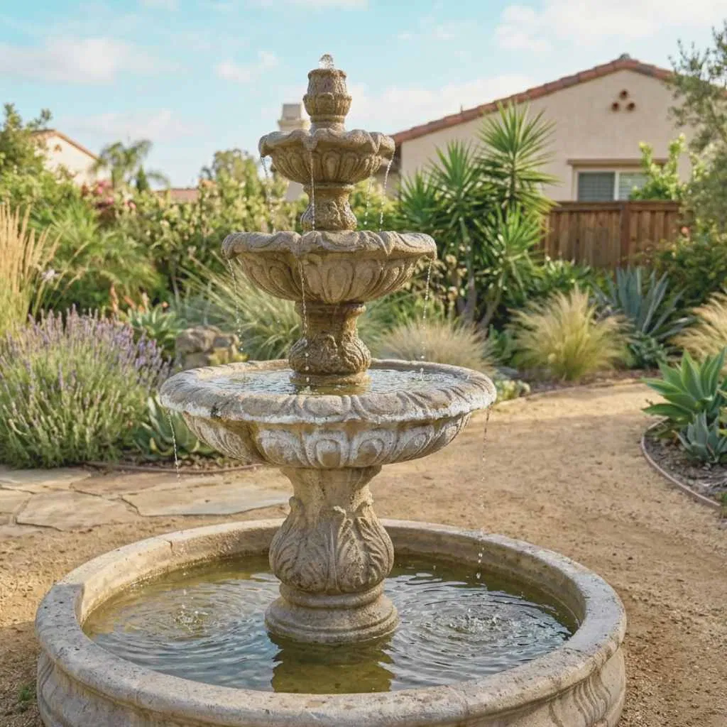 Three-tier cast stone fountain with visible calcium mineral scaling along tier edges in a Southern California backyard