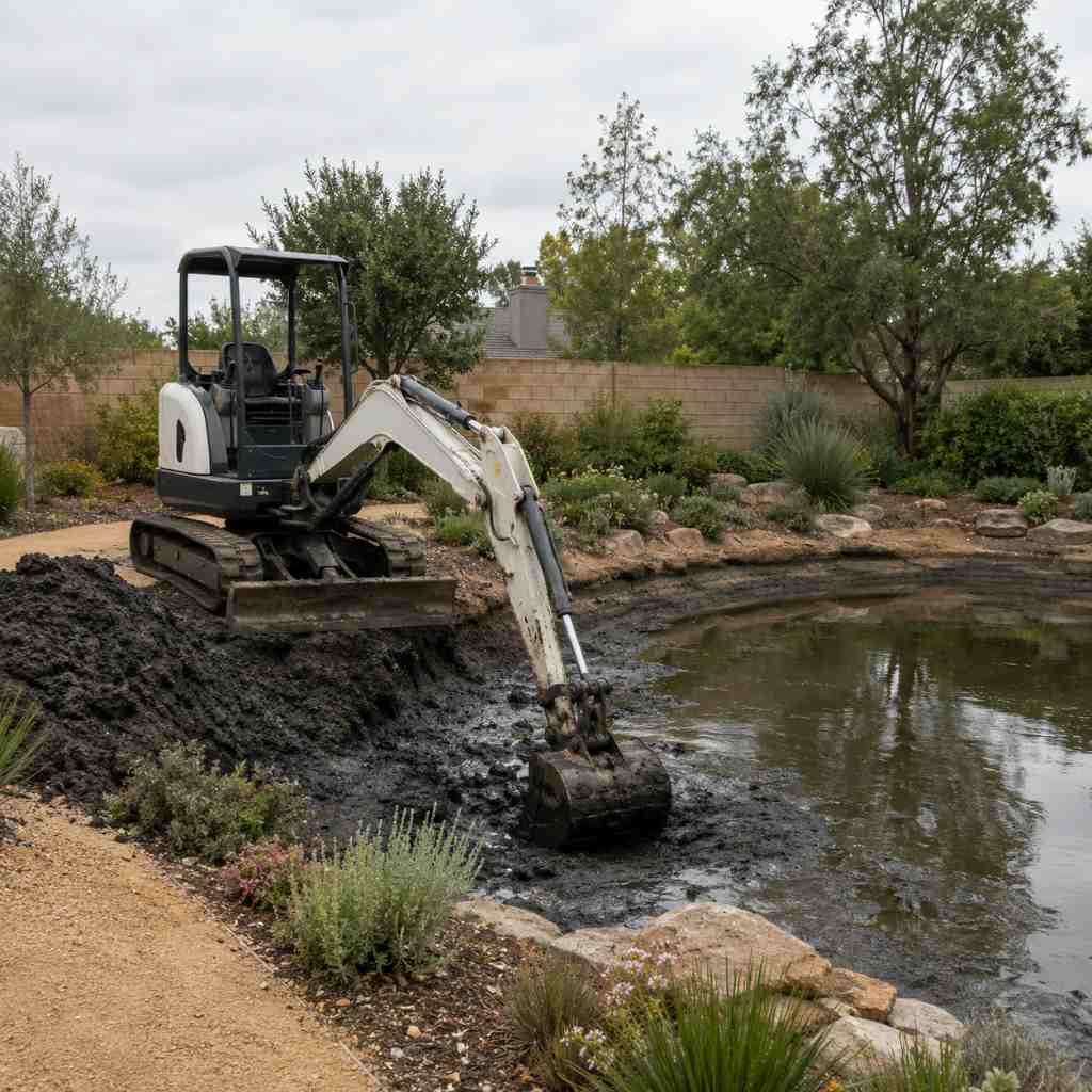 Compact excavator scooping dark sediment from a partially drained pond during mechanical dredging with spoils piled on the bank