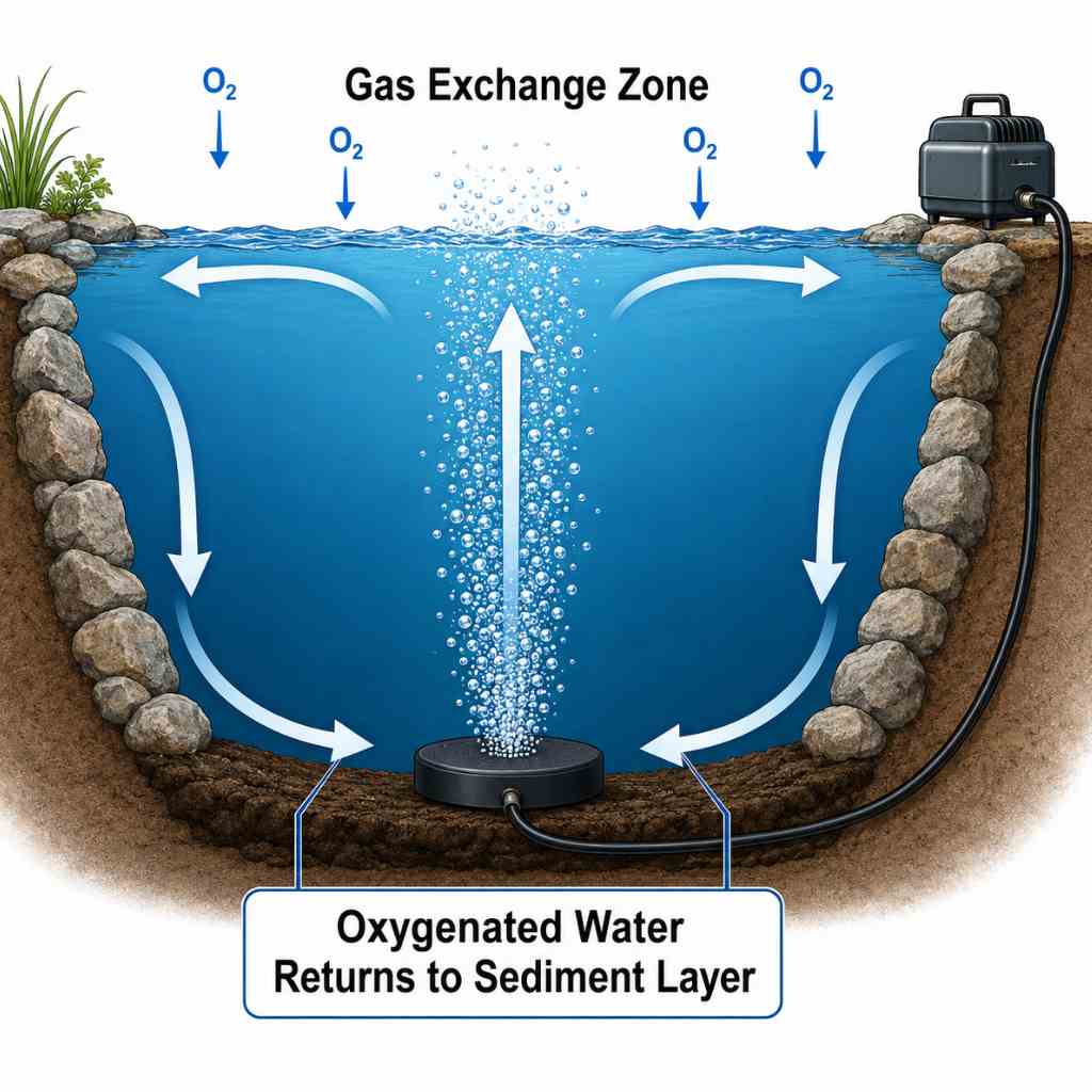 Cross-section diagram showing diffused aeration diffuser on pond bottom creating vertical water circulation that delivers oxygen to the sludge layer