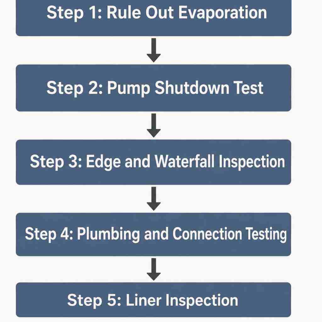 Five-step vertical process flow for pond leak detection: evaporation ruling, pump shutdown test, edge inspection, plumbing testing, and liner inspection