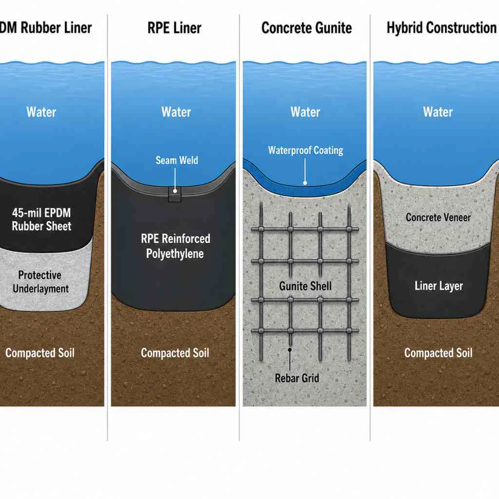 Cross-section comparison of four pond construction methods showing EPDM liner, RPE liner, concrete gunite shell, and hybrid liner-under-concrete construction with labeled structural layers