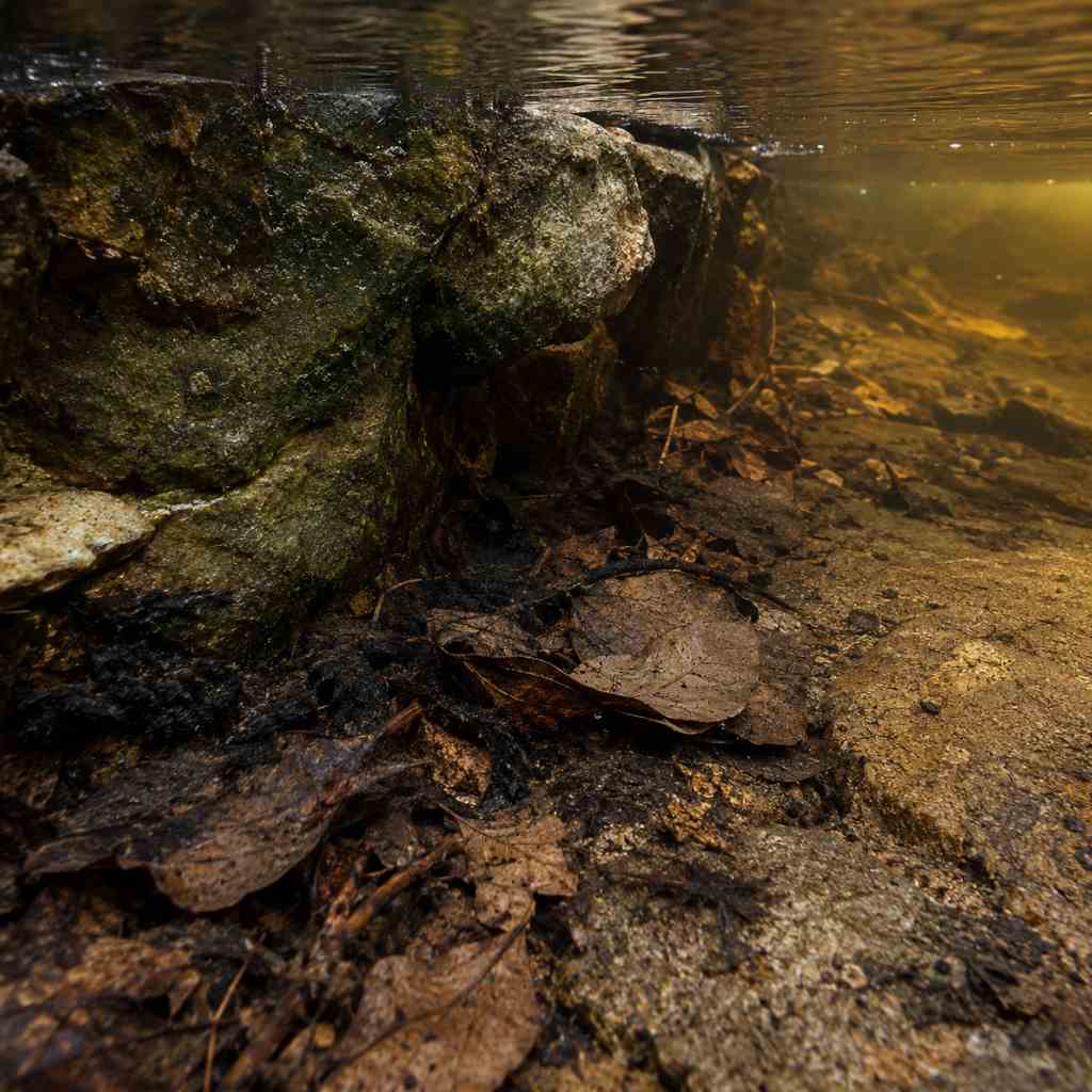 Decomposing leaves and dark organic muck accumulated on flagstone rocks at the bottom of a residential koi pond