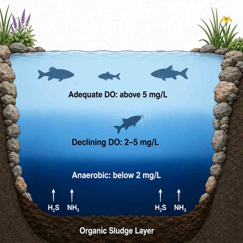 Cross-section diagram of a pond showing oxygen-depleted anaerobic zones expanding upward from sludge layer, compressing habitable water for fish