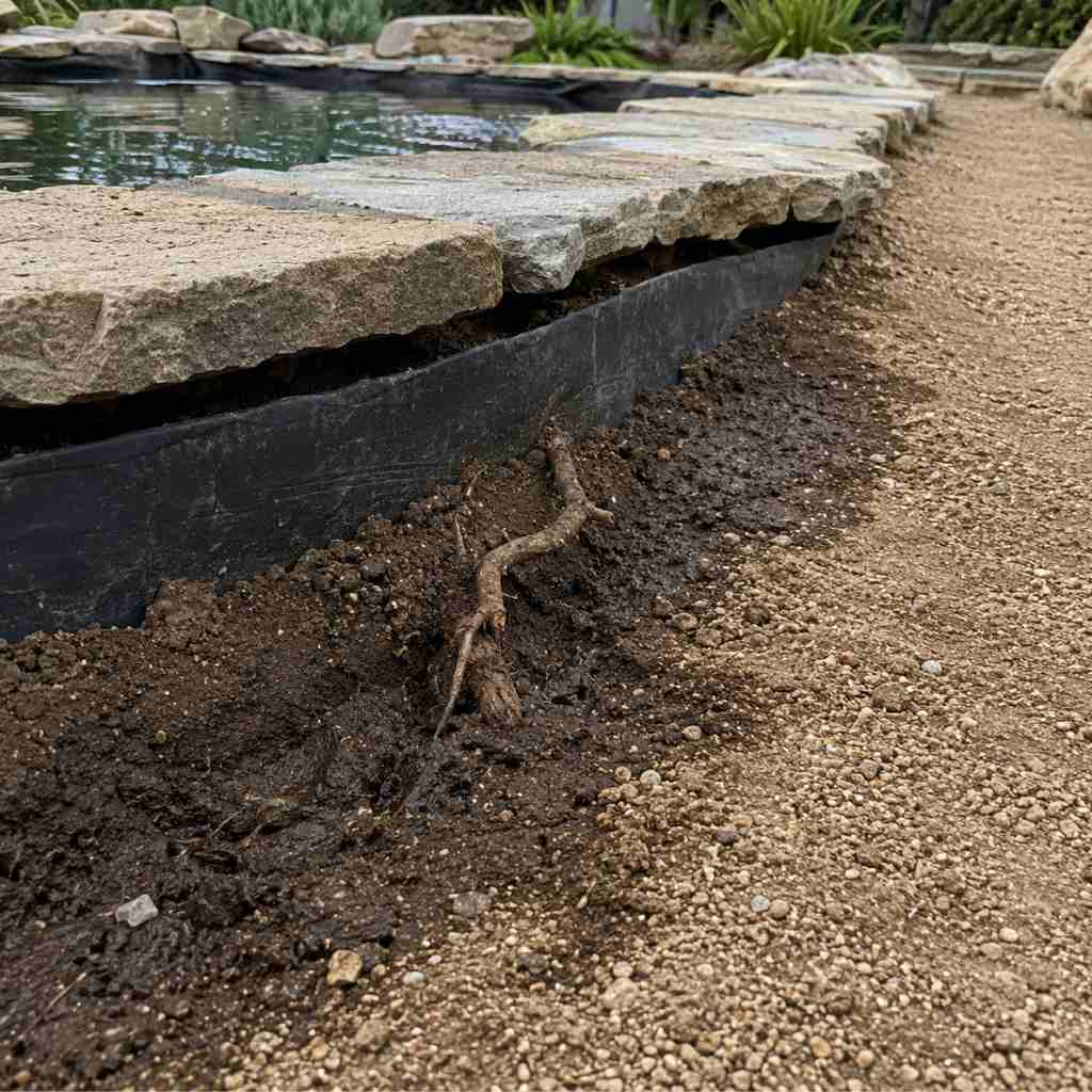 Close-up of a pond liner edge displaced below coping stones due to ground settling, with damp soil visible on the exterior side