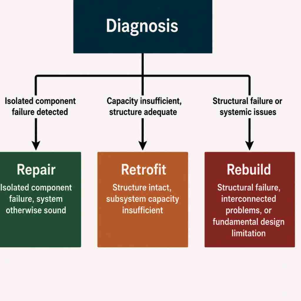 Decision tree diagram showing three pond repair categories branching from diagnosis: repair for isolated failures, retrofit for undersized subsystems, and rebuild for structural or design-level problems