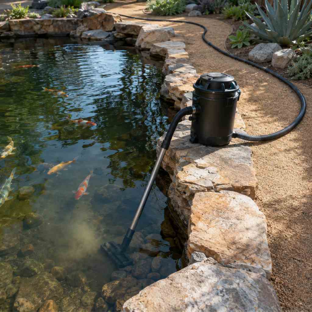 Pond vacuum unit positioned at the edge of a residential koi pond with intake tube submerged and discharge hose running to a garden bed
