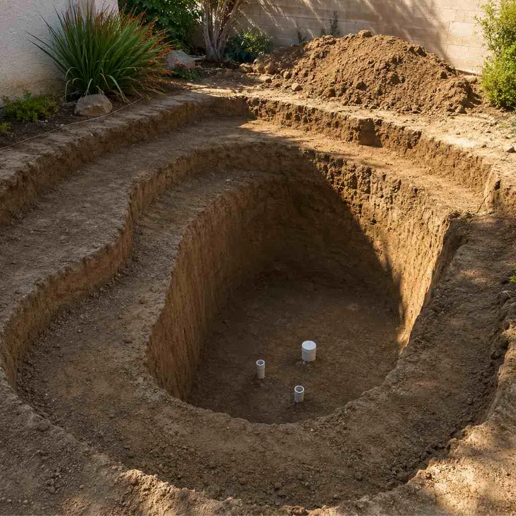 Residential koi pond excavation in progress showing shaped shallow shelf and deep central zone with PVC bottom drain pipe stubs before liner installation