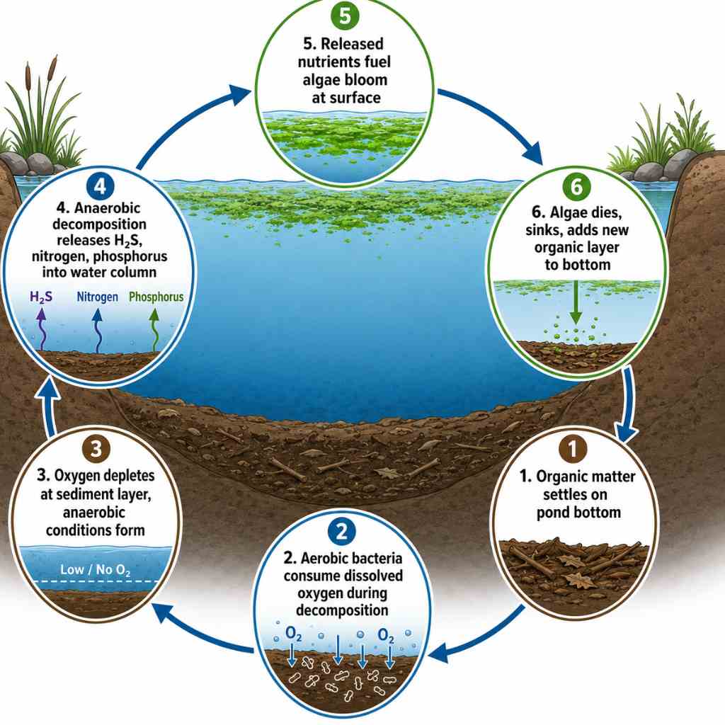 Circular diagram showing how pond sludge decomposes anaerobically, releases nutrients, fuels algae blooms, and adds new organic matter to the bottom