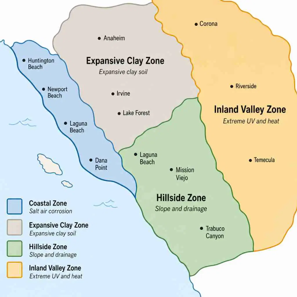 Schematic map of Southern California service area showing regional construction variable zones for soil type, UV exposure, heat, and salt air corrosion