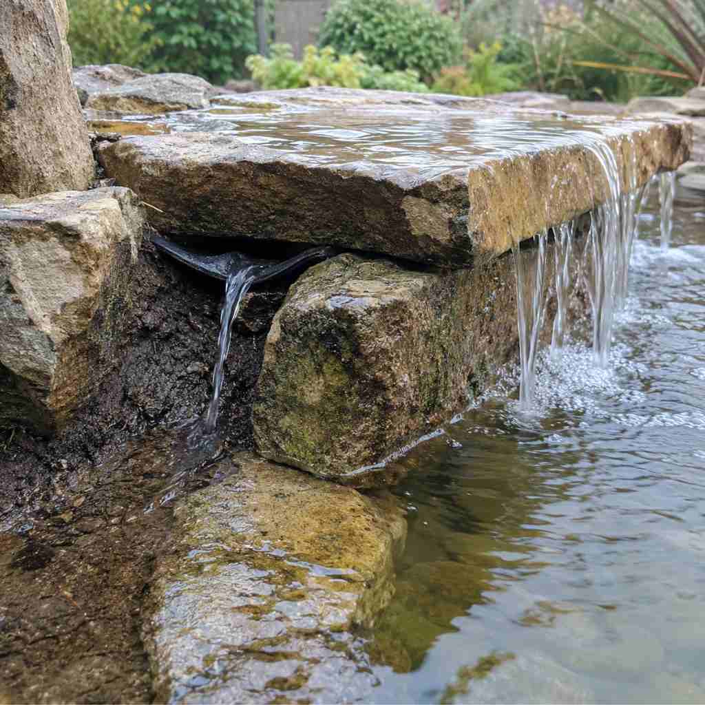 Shifted waterfall rock exposing pond liner edge with water escaping through the gap into surrounding soil