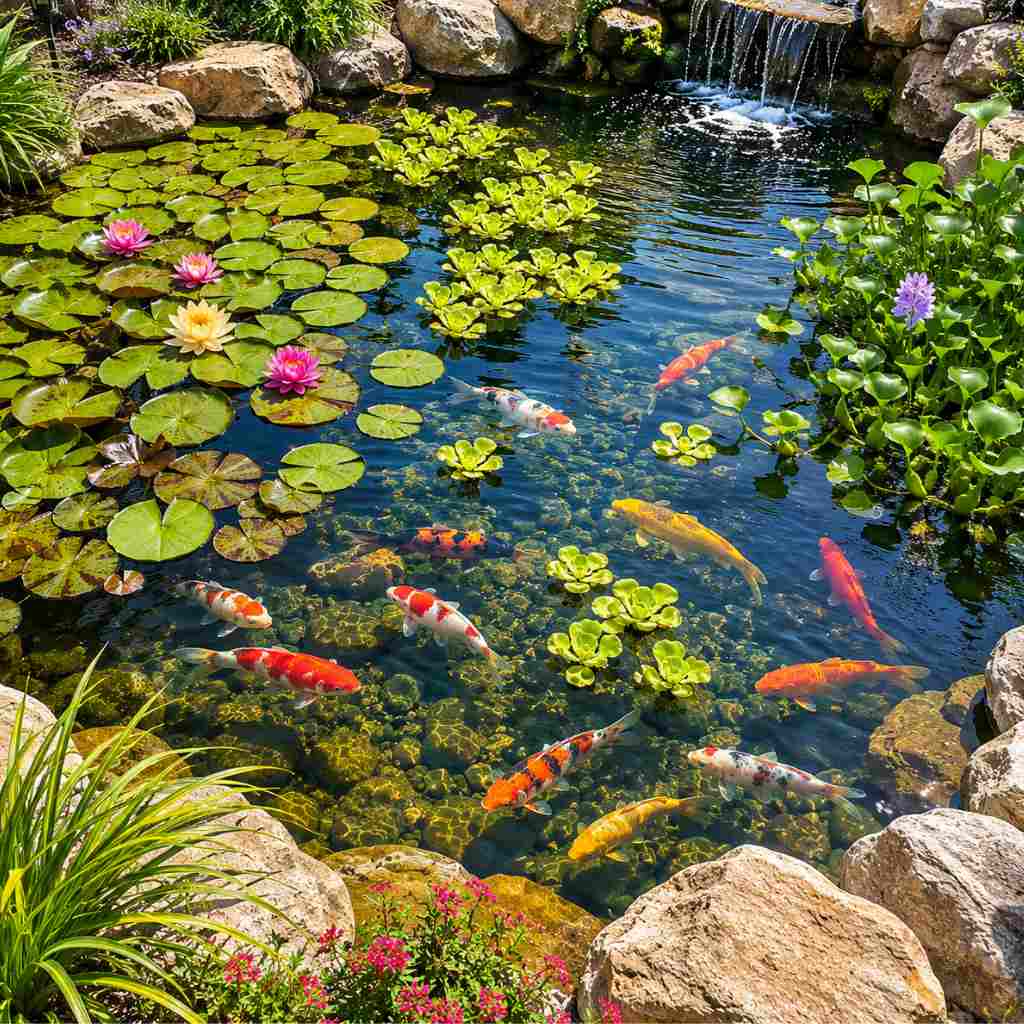 Koi pond viewed from above showing water lilies, water lettuce, and water hyacinth covering approximately 35 percent of the surface with clear water and visible koi
