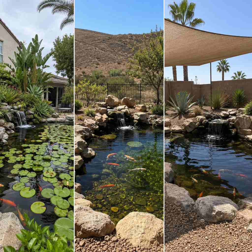 Three-panel comparison showing coastal, inland, and desert residential koi pond environments in California with distinct vegetation and light conditions
Dependency: Supplementary