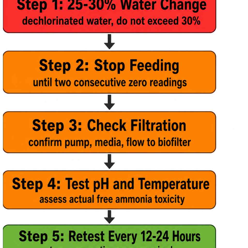Vertical flowchart showing five sequential steps for responding to a pond ammonia spike from immediate water change through repeated retesting until readings return to zero