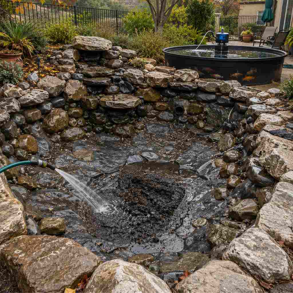 Drained residential koi pond during fall cleanout showing exposed rocks, liner, and sludge with fish holding tank and aerator in background
