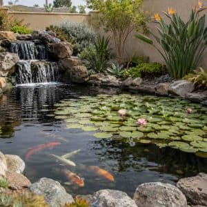 Residential koi pond with running waterfall, water lily coverage, and visible koi in clear water surrounded by Southern California landscaping