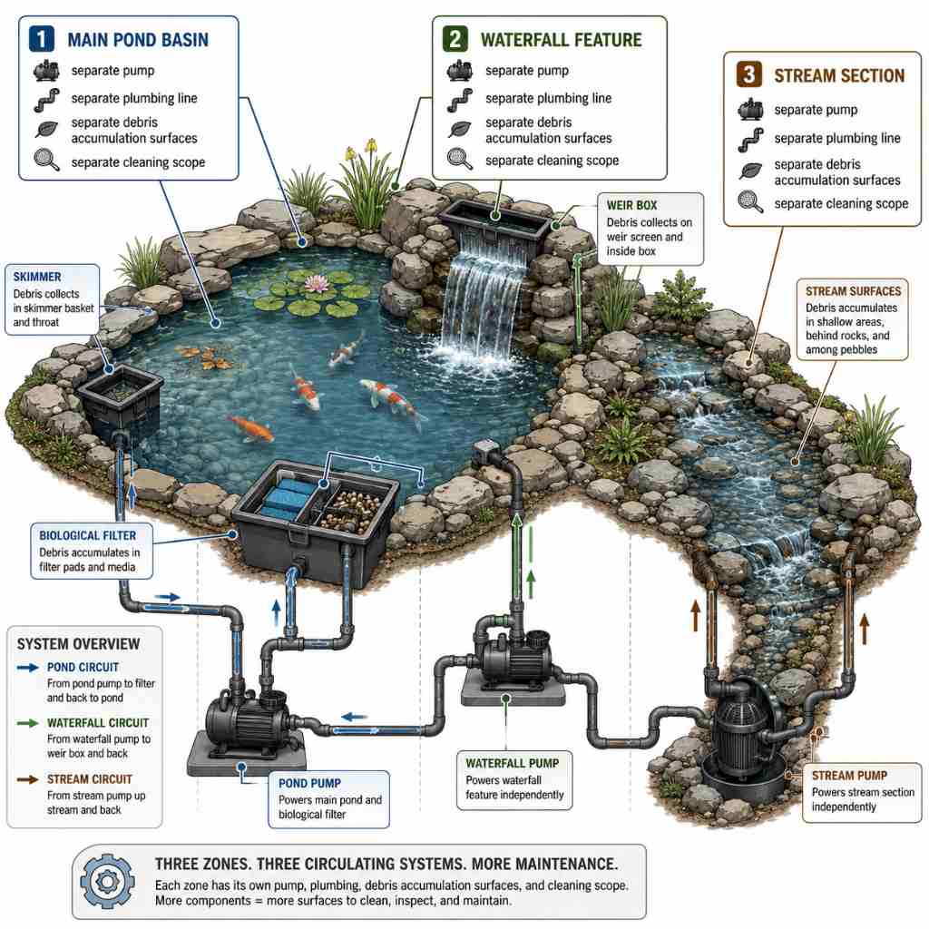  Technical diagram of a pond system with waterfall, stream, and main basin showing separate pumps, plumbing, and debris zones for each feature