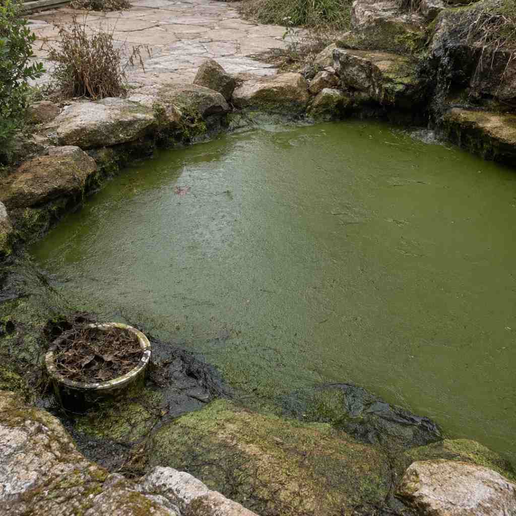 Neglected residential pond with opaque green water, heavy algae growth on rocks, and an overflowing skimmer clogged with decomposed leaves