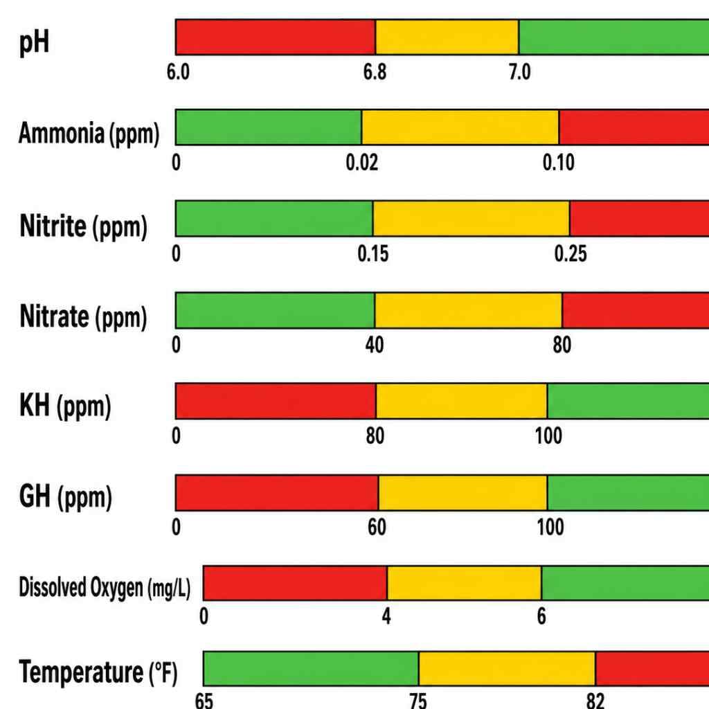 Color-coded range chart showing acceptable, caution, and danger zones for eight pond water quality parameters including pH, ammonia, nitrite, nitrate, KH, GH, dissolved oxygen, and temperature