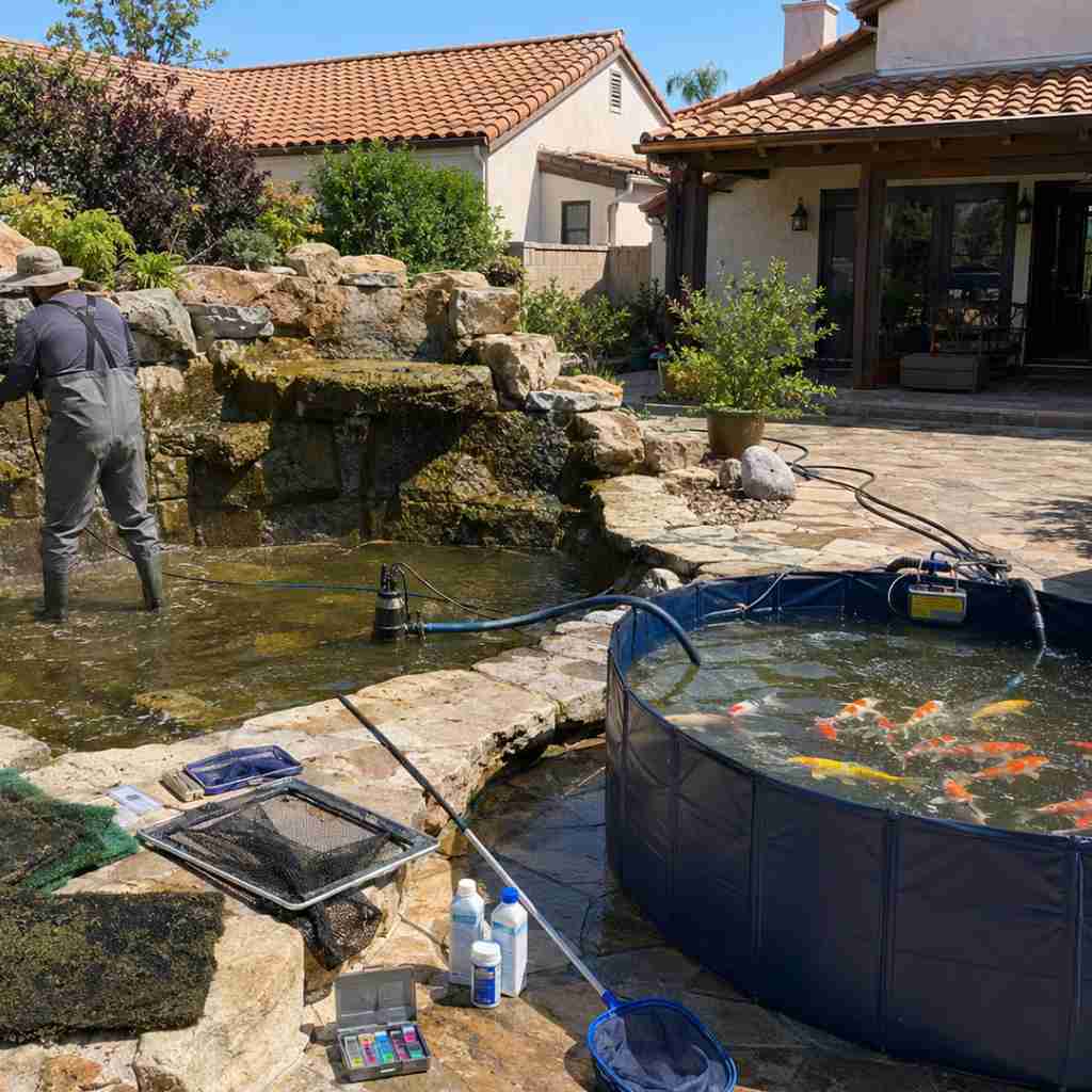 Partially drained residential koi pond during spring cleanout with fish in a holding tank, pressure washing in progress, and maintenance supplies on the stone coping