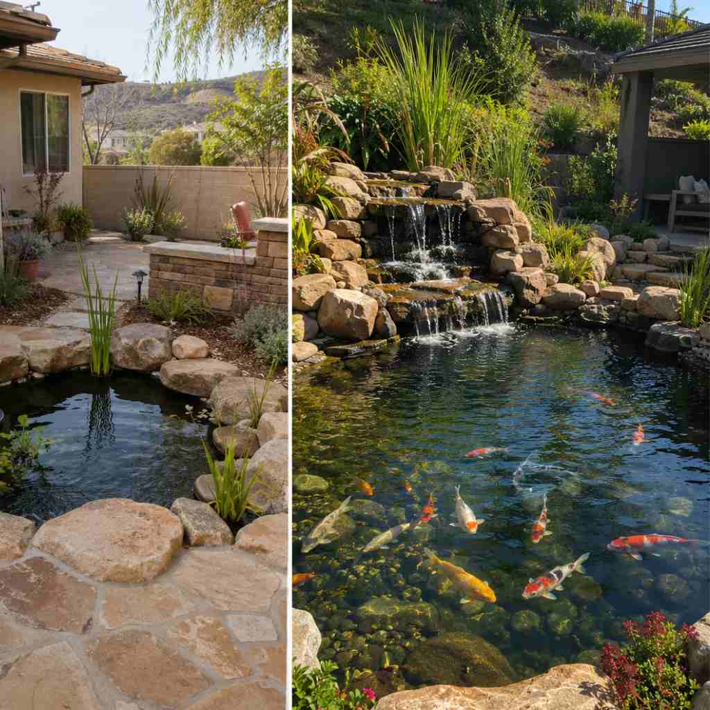 Side-by-side comparison of a small garden pond with single skimmer and a large koi pond with waterfall and bog filter in Southern California backyards