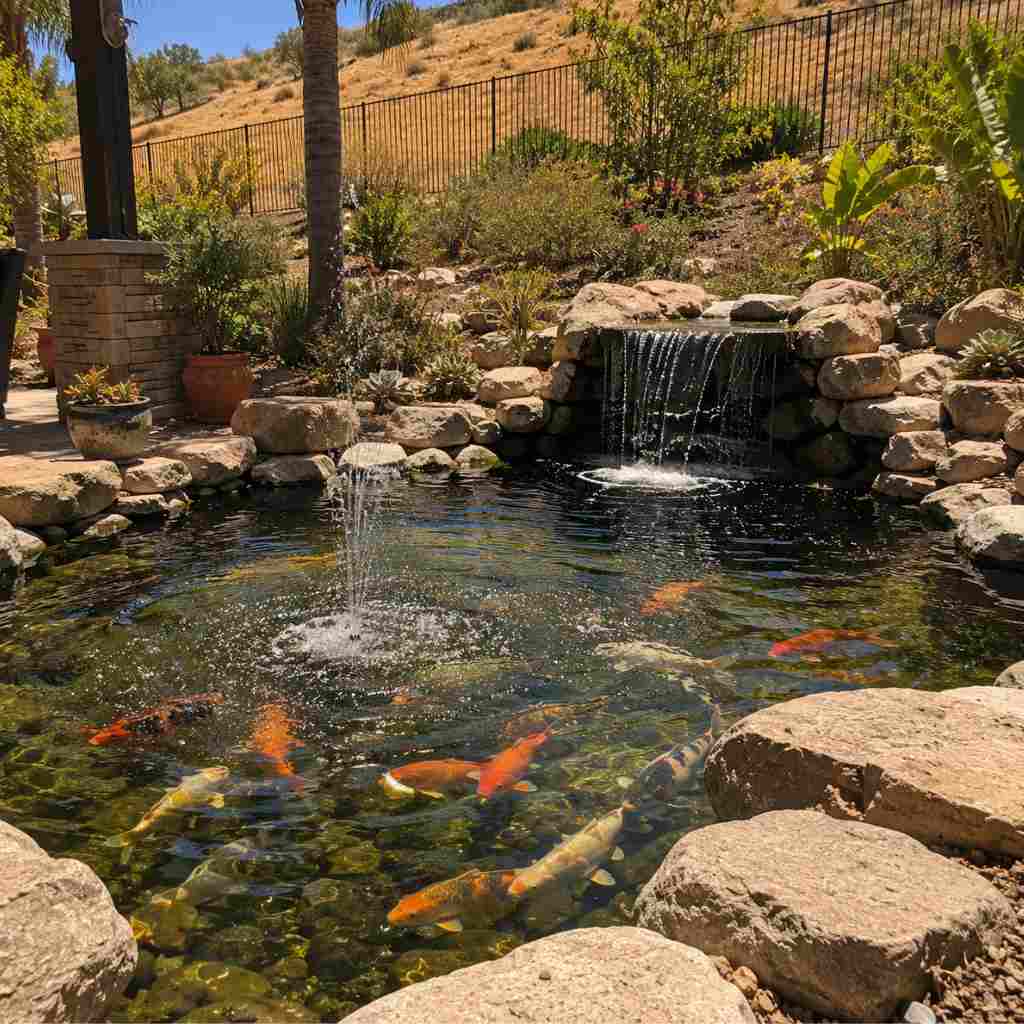 Koi pond during summer with visible air stone bubbles and running waterfall providing dissolved oxygen in inland Southern California setting