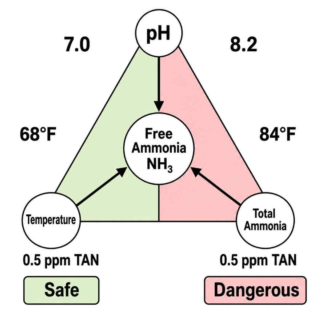 Diagram showing how pH, temperature, and total ammonia interact to determine toxic free ammonia concentration with safe and dangerous example scenarios