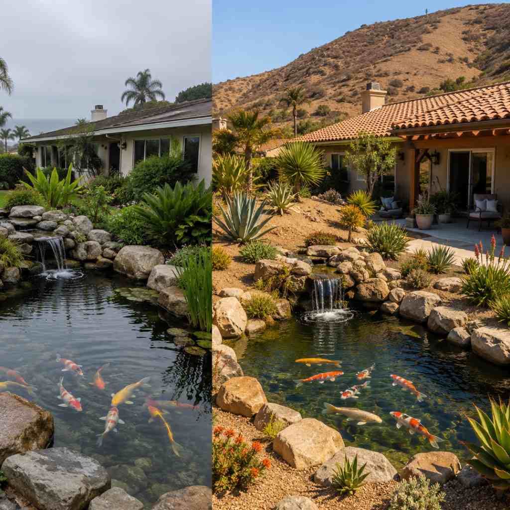 Side-by-side comparison of a koi pond under coastal marine layer overcast and an inland pond in direct sun with dry hillside landscaping
