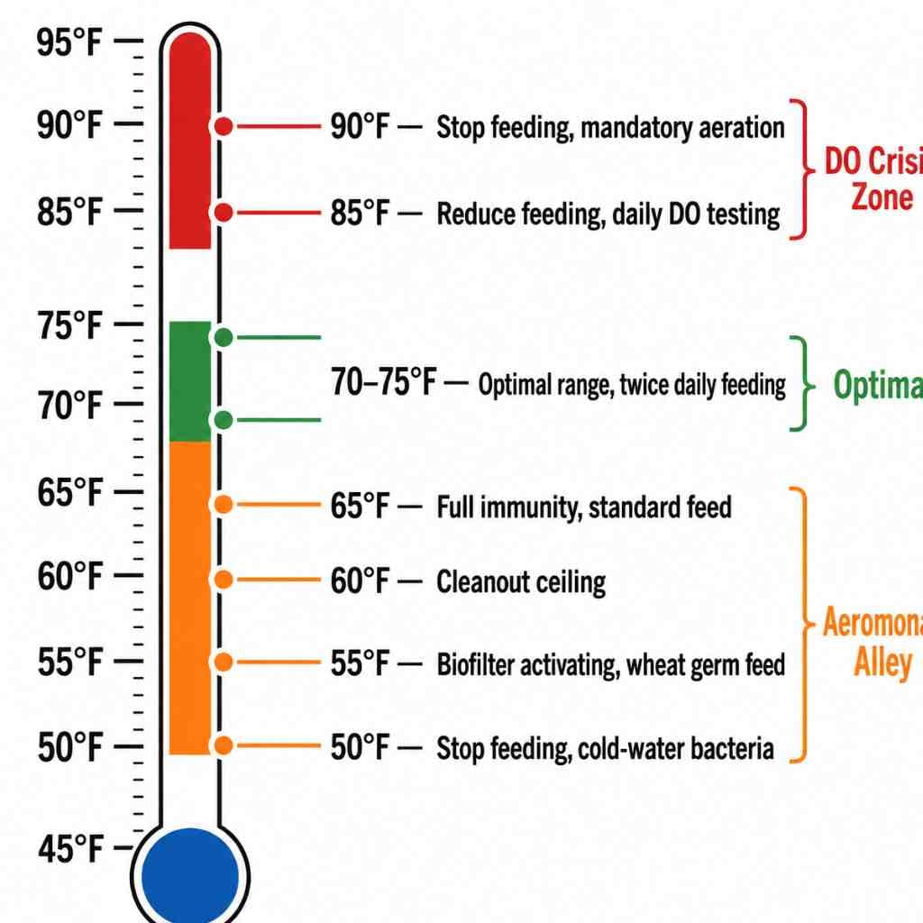 Vertical temperature scale from 45°F to 95°F showing seven koi pond maintenance thresholds with Aeromonas Alley and dissolved oxygen crisis zones highlighted
